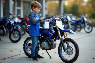 Jeune garçon devant une moto Yamaha PW 80 neuve