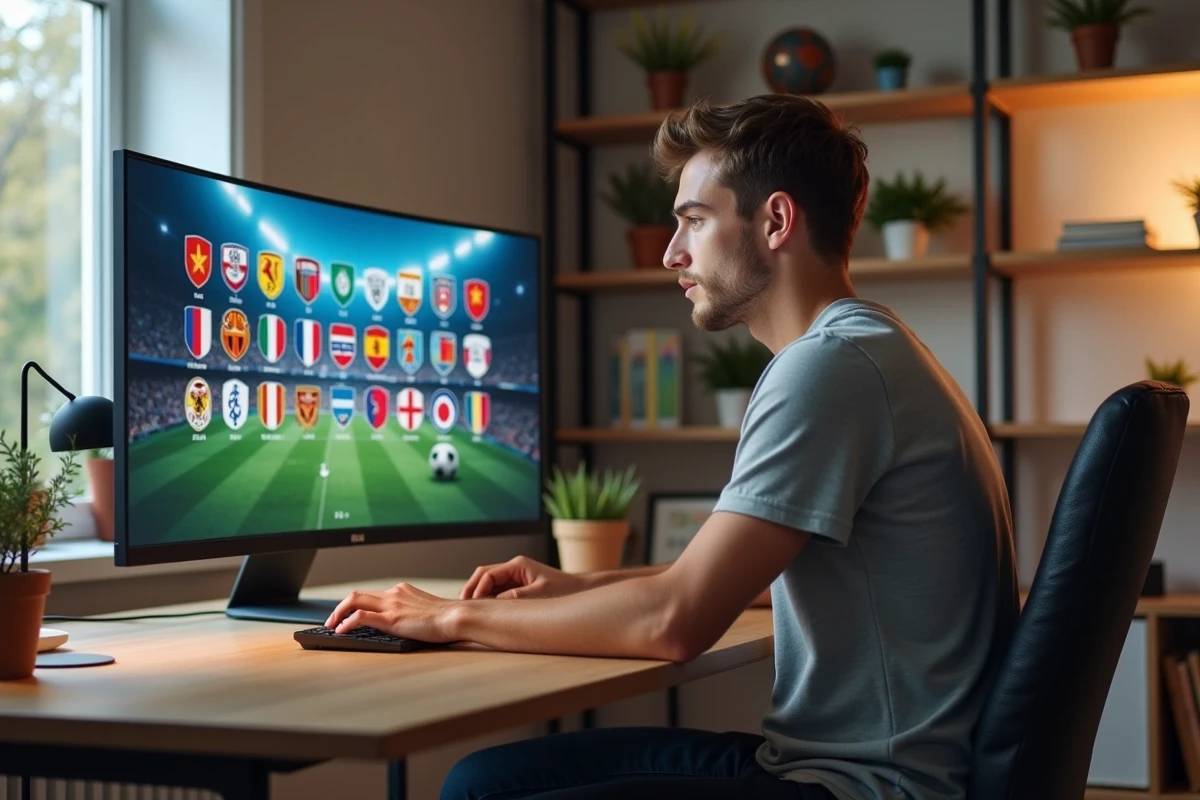 Jeune homme au bureau regardant un écran de logos football