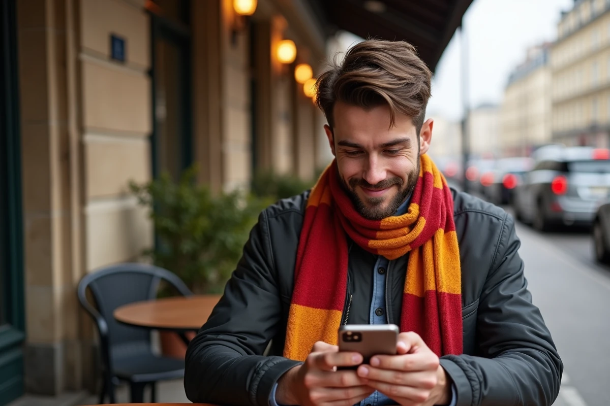Jeune homme avec écharpe AS Roma au café parisien
