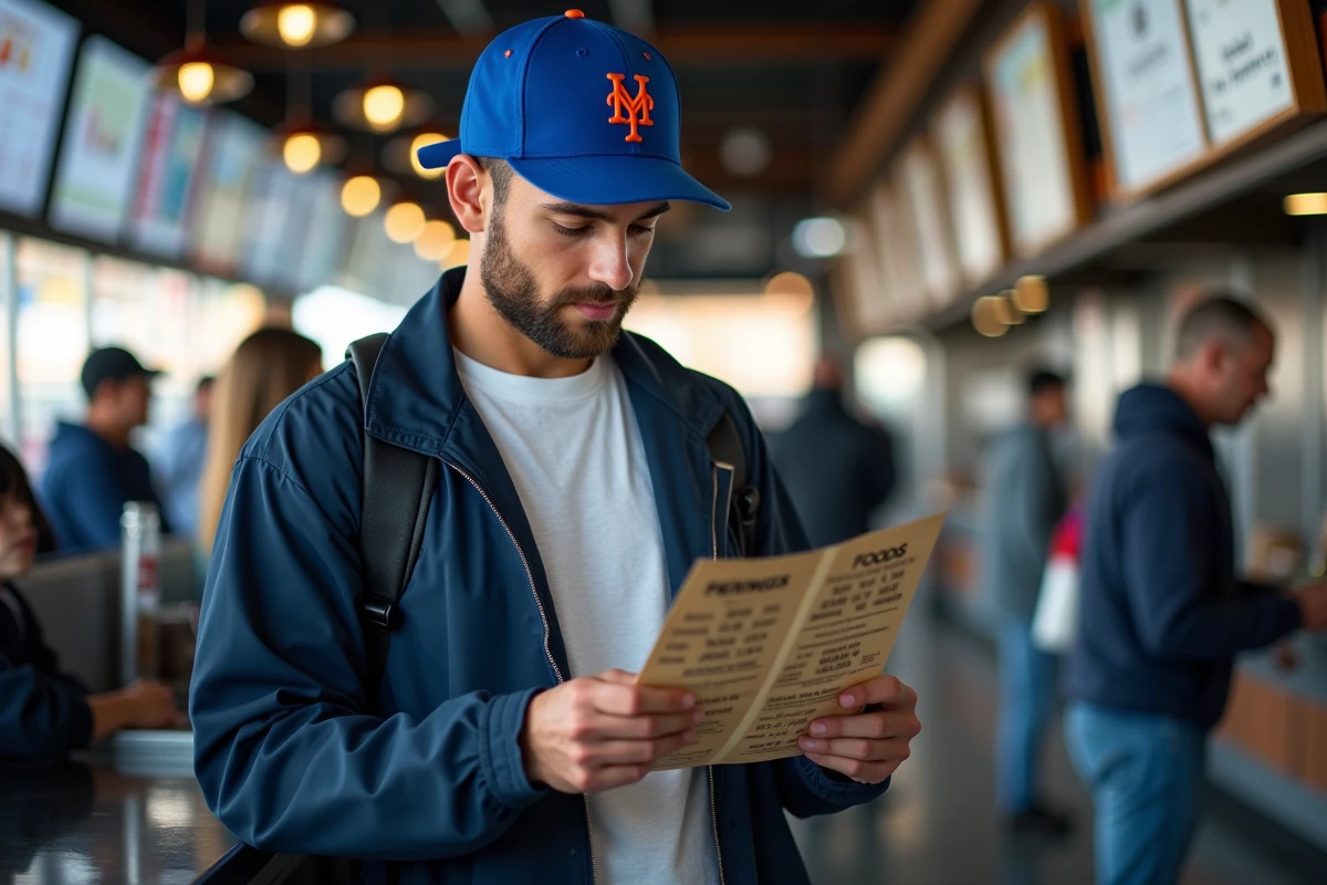 Jeune homme regardant le menu au stand de concessions