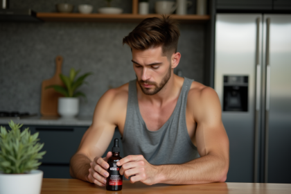 Jeune homme musclé examinant une huile de croissance musculaire