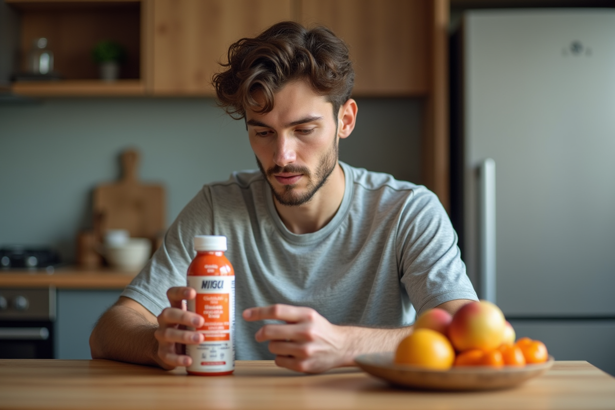 Jeune homme lisant l'étiquette nutritionnelle d'une boisson sportive