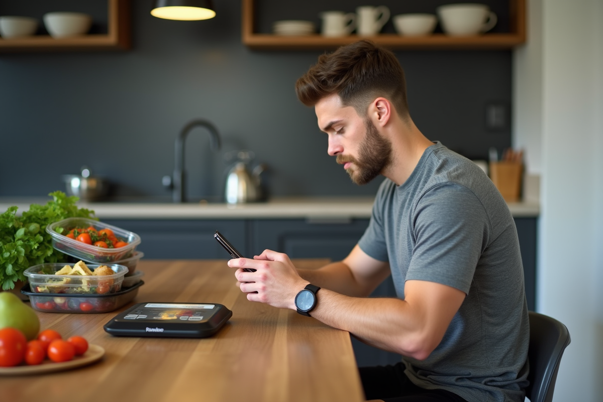 Jeune homme en cuisine note ses macros repas