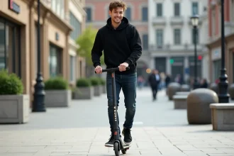 Jeune homme en hoodie noir sur scooter en ville dynamique