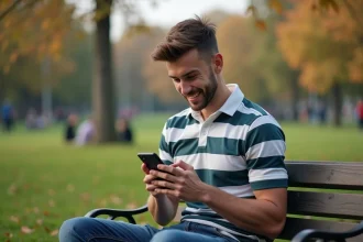 Jeune homme en rugby regardant son smartphone en plein air