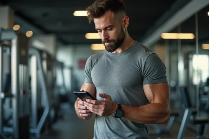 Jeune homme sportif en salle de sport regardant son téléphone