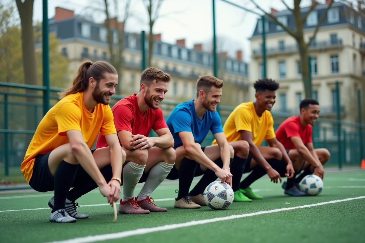 Groupe d'étudiants en football à Paris en extérieur