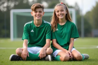 Jeune garçon et fille en kits de football verts et blancs souriants