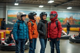 Groupe d'adolescents riant autour de gokarts dans un centre moderne