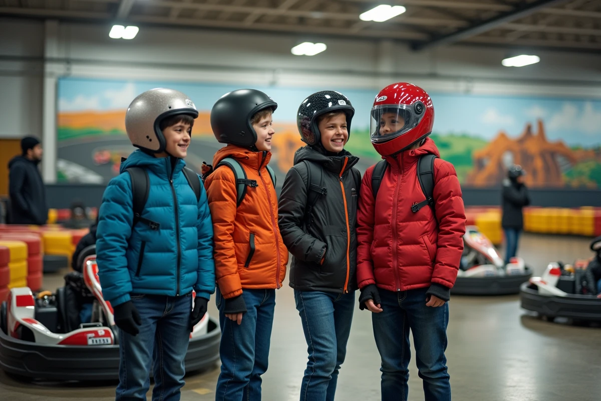 Groupe d'adolescents riant autour de gokarts dans un centre moderne