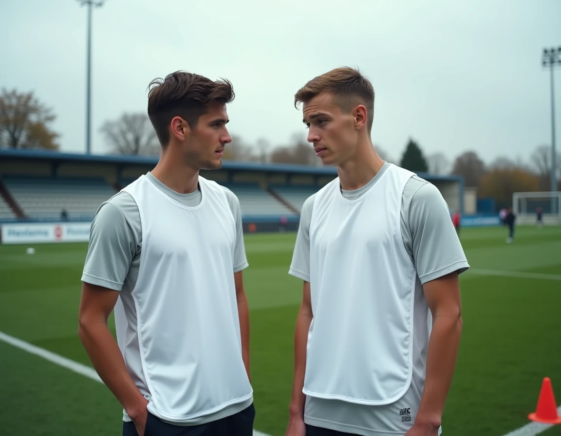 Deux jeunes joueurs de l'académie du FC Nantes discutant tactique en bord de terrain lors d'une séance d'entraînement