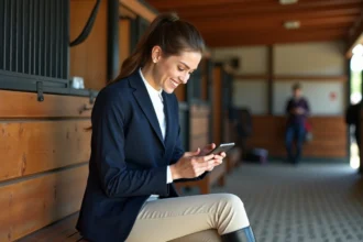 Jeune cavaliere en selle regarde son smartphone dans un box