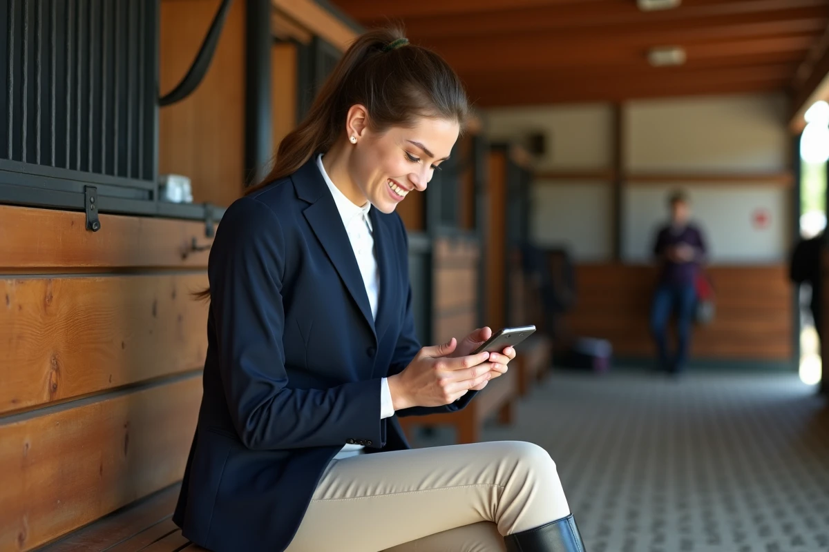 Jeune cavaliere en selle regarde son smartphone dans un box