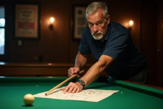 Joueur de billard analysant un schéma de rotation en degrés sur une table de billard en feutre vert
