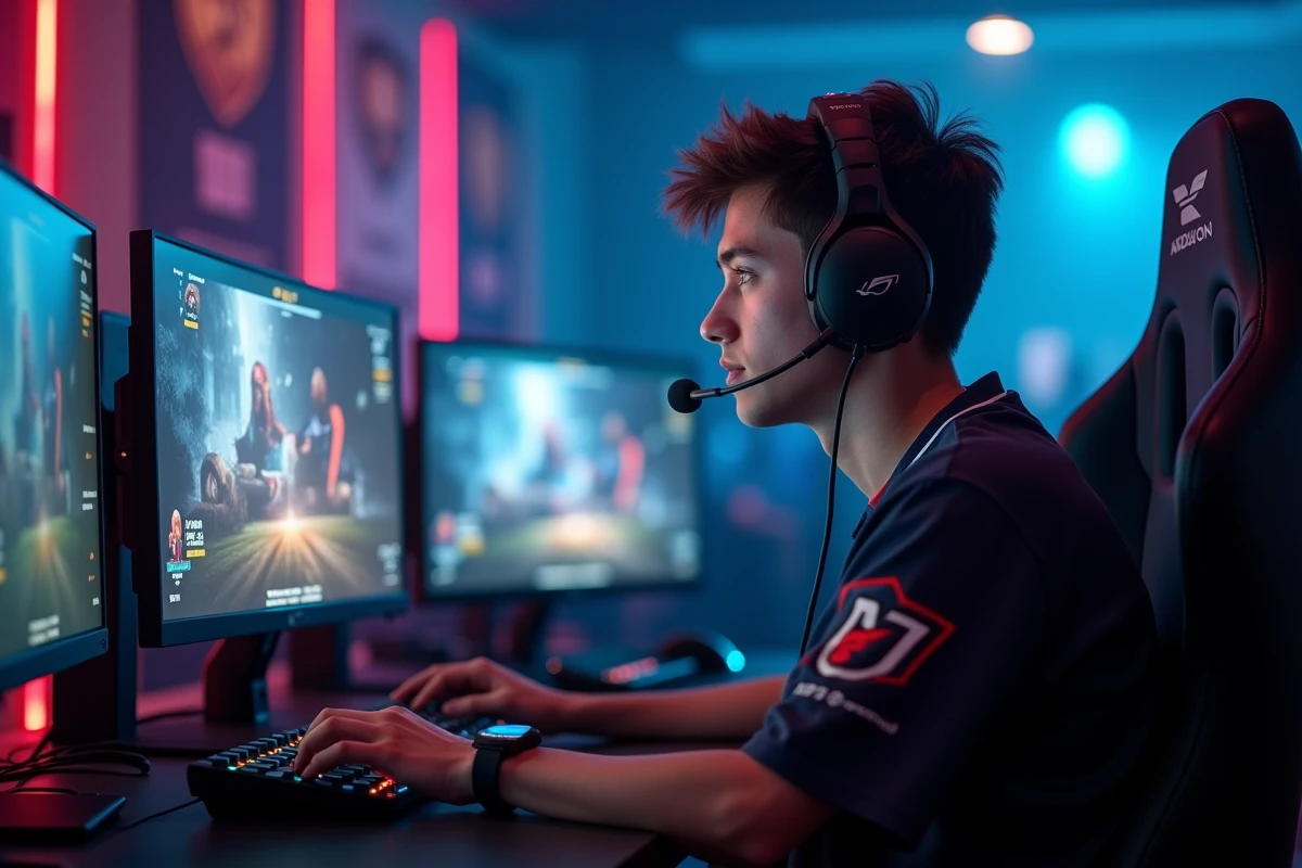 Jeune homme en jersey esports avec casque gaming sur setup hightech