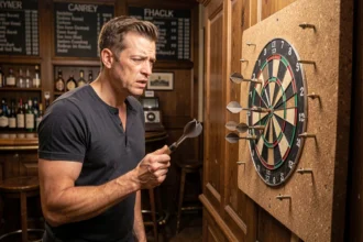 Joueur de fléchettes frustré analysant une mauvaise dispersion sur la cible dans un pub anglais