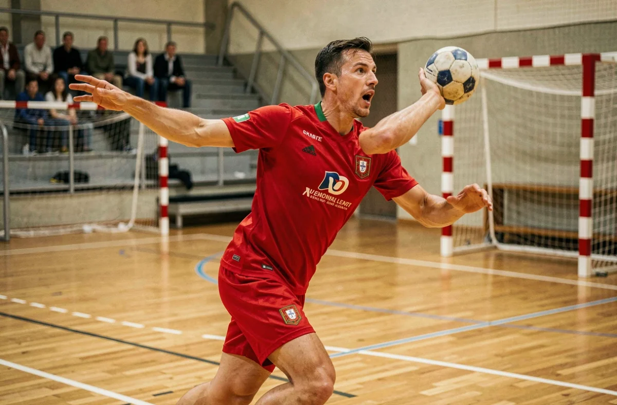 Joueur de handball amateur effectuant un tir en suspension dans une salle de sport au Portugal