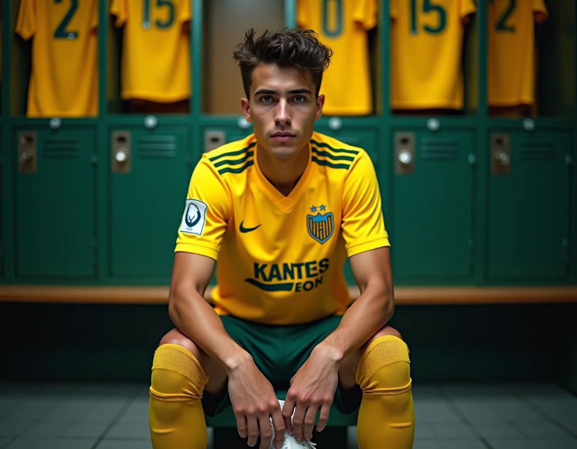 Jeune joueur du FC Nantes assis dans le vestiaire avec ses chaussures de football, regard pensif avant un match