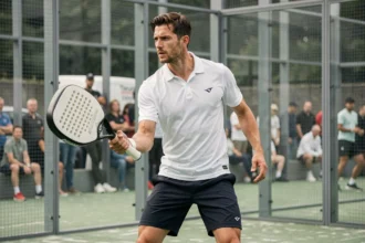 Joueur de padel masculin en plein match lors d'un tournoi officiel, illustrant la compétition et les points de classement P250 en padel 2026