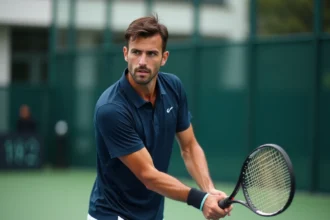 Joueur de padel masculin en plein smash lors d'un tournoi Point P100, vue 3/4 sur court en gazon synthétique avec parois en verre