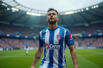 Joueur du Racing Club de Strasbourg en tenue officielle bleu et blanc sur la pelouse du stade lors d'un match de championnat 2026
