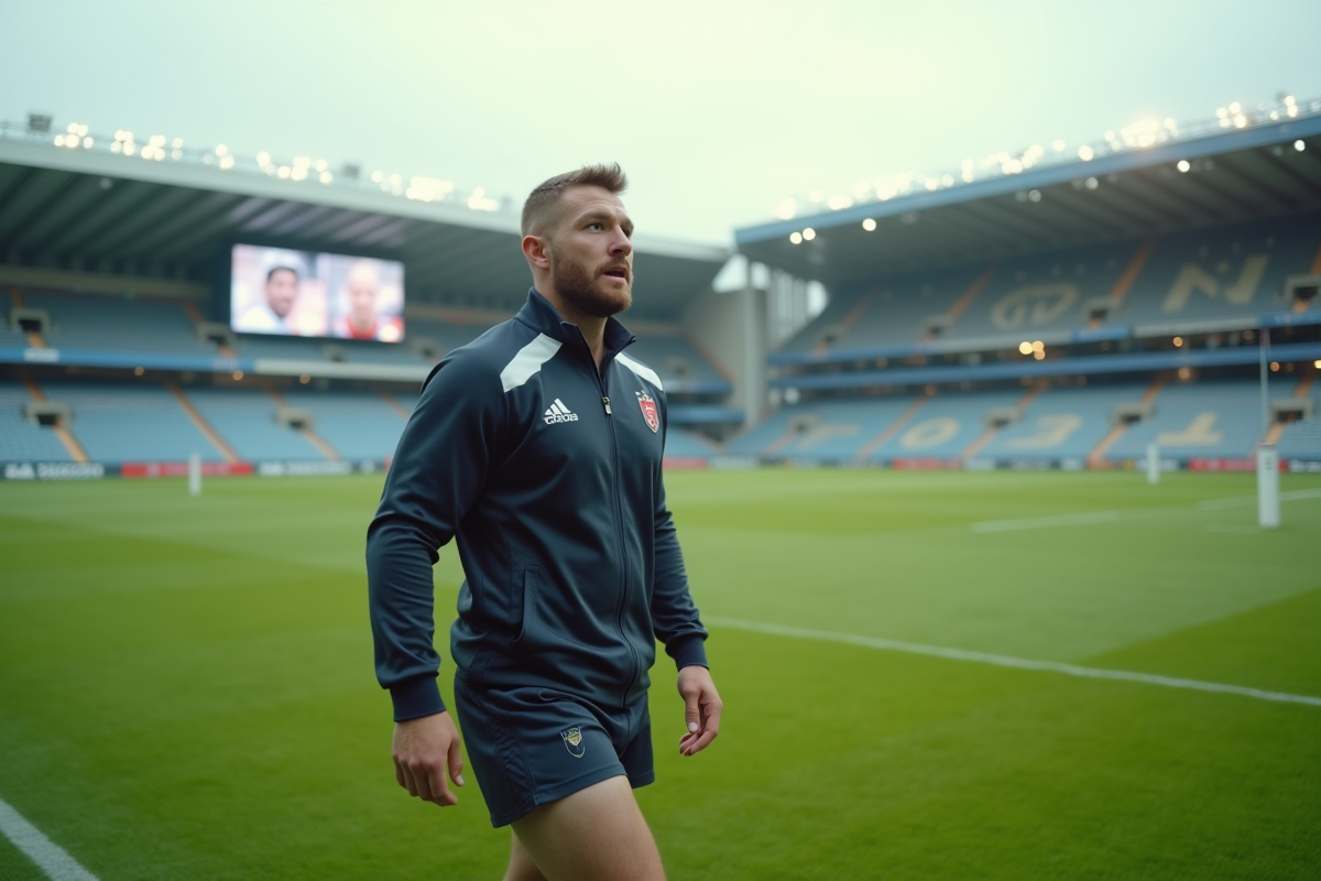 Joueur de rugby en entraînement sur le terrain avant un match