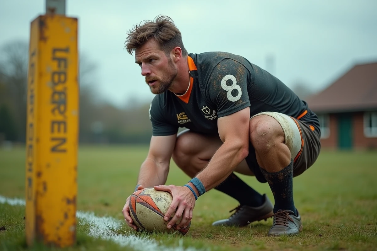Joueur de rugby Fédérale 2 ramassant le ballon près de la ligne d'en-but lors d'un match de poule