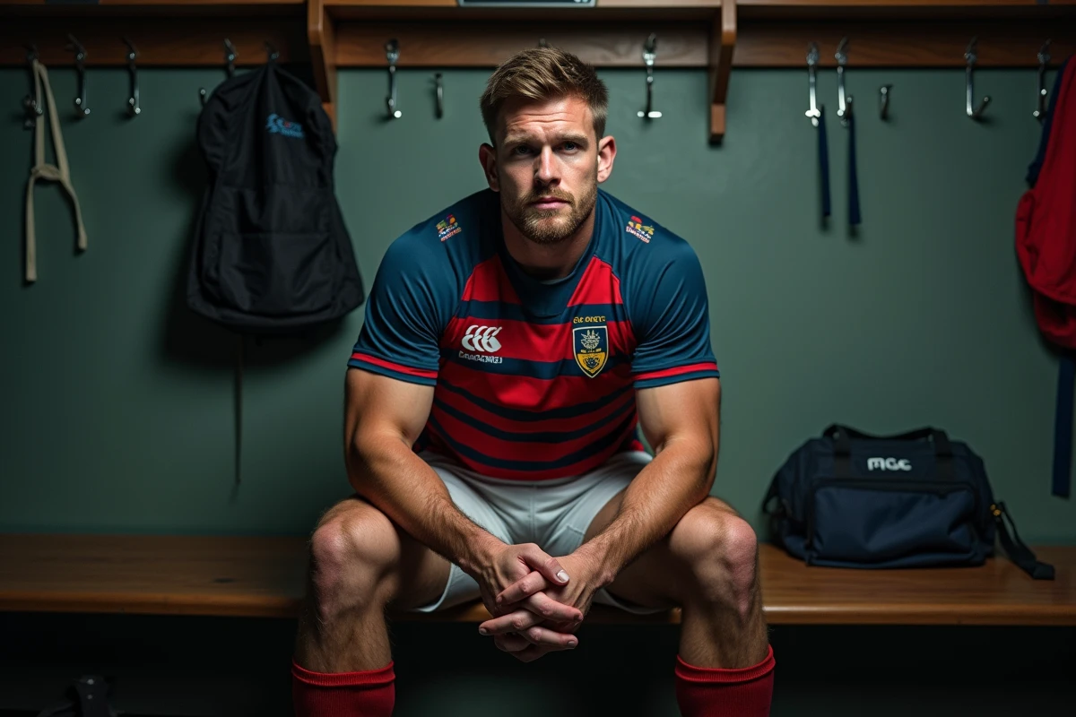 Joueur de rugby Fédérale 2 dans le vestiaire après un match de championnat de poule
