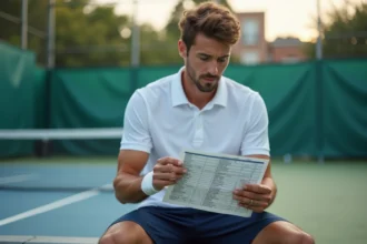 Joueur de tennis masculin analysant un classement ATP imprimé assis sur un banc de court