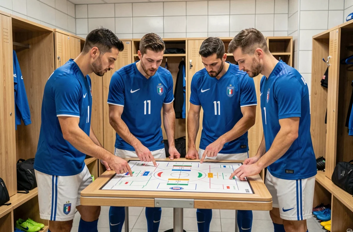 Joueurs de l'équipe nationale italienne de football en maillot Azzurri discutant tactiques dans un vestiaire professionnel