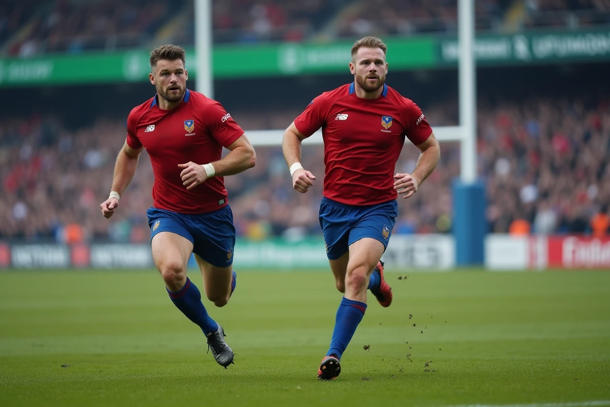 Deux joueurs de rugby en pleine course sur le terrain