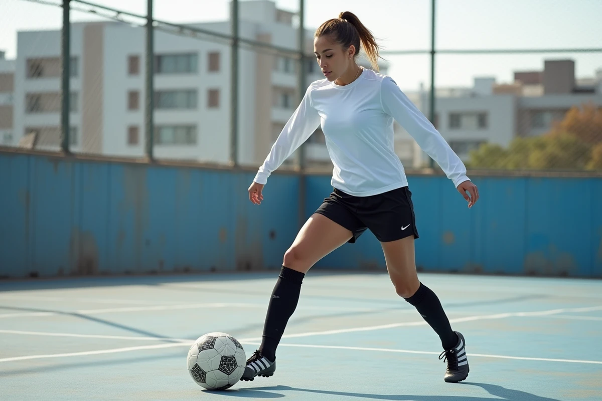 Joueuse de football réalisant un dribble technique La Croqueta sur un terrain urbain en plein air