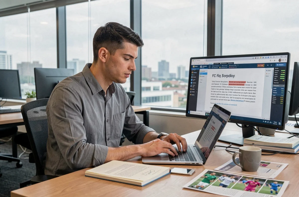 Journaliste sportif rédigeant une analyse sur le FC Barcelone dans une salle de rédaction moderne