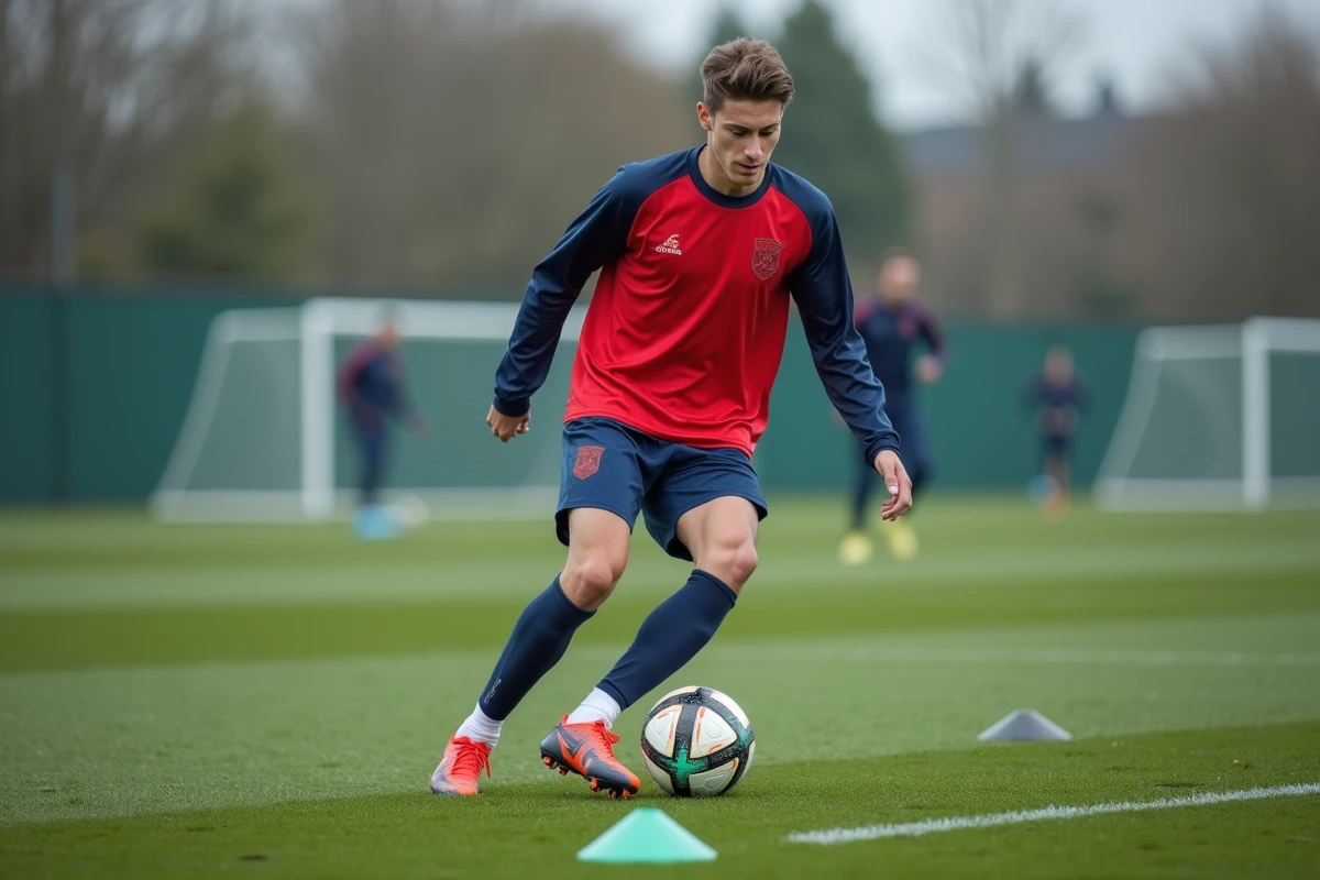 Joueur professionnel s'entraînant avec des cônes sur le terrain d'entraînement du PSG, travail technique au ballon