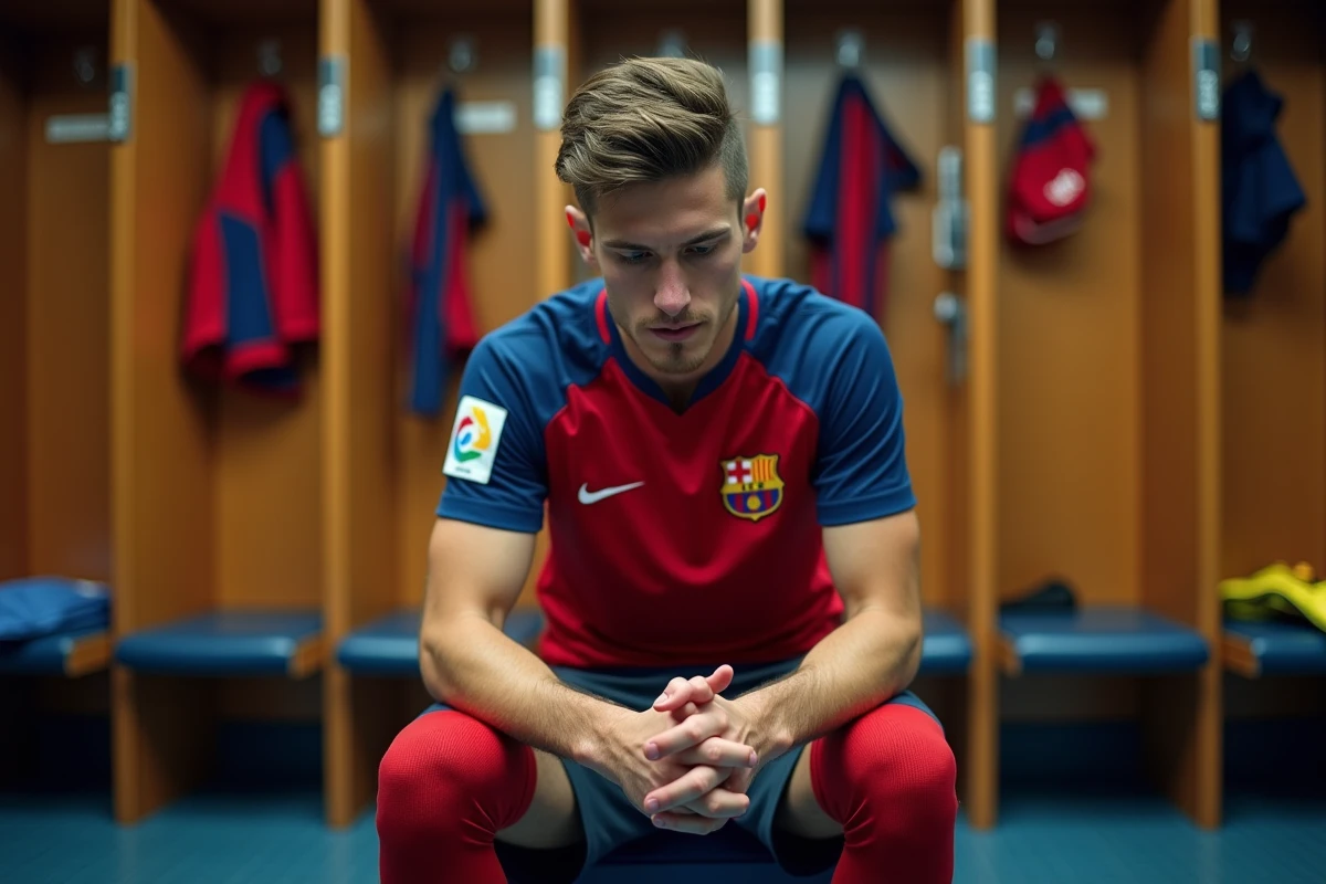 Footballeur du PSG assis dans le vestiaire en moment de concentration et de réflexion avant un match