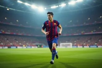 Joueur de football du PSG en plein sprint sur la pelouse d'un grand stade européen lors d'un match