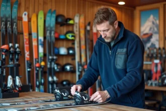 Employé d'un magasin de location de ski à Villard-de-Lans réglant des fixations de skis de location sur un établi