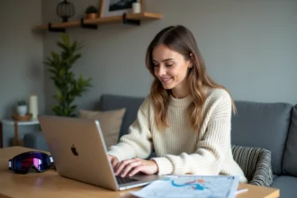 Femme consultant un site de location de matériel de ski en ligne depuis son domicile