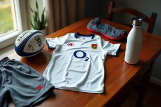 Maillot rugby Angleterre posé sur une table en bois