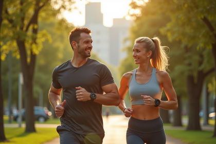 Homme et femme sportifs marchant dans un parc urbain ensoleille