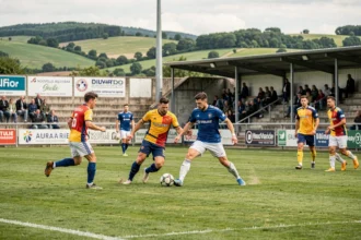 Match de football régional en Nouvelle-Aquitaine, joueurs en duel au milieu de terrain dans un stade de division r1