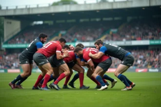 Match de rugby Fédérale 2 Poule 4 avec une touche disputée entre deux équipes en tenue de club sur un terrain gazonné