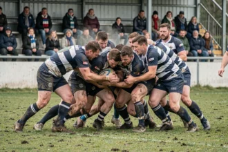 Joueurs de rugby Fédérale 3 en plein ruck lors d'un match amateur sur terrain boueux