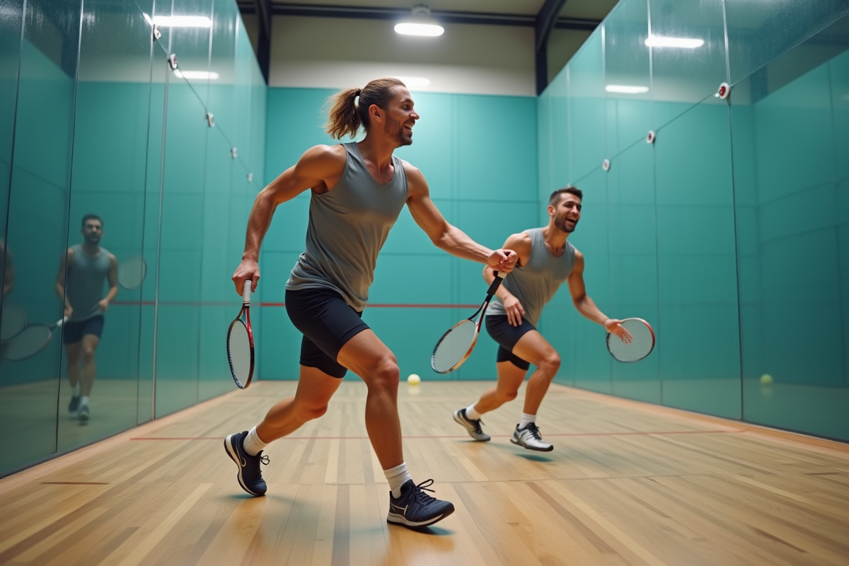 Partie de squash entre un homme et une femme en salle moderne