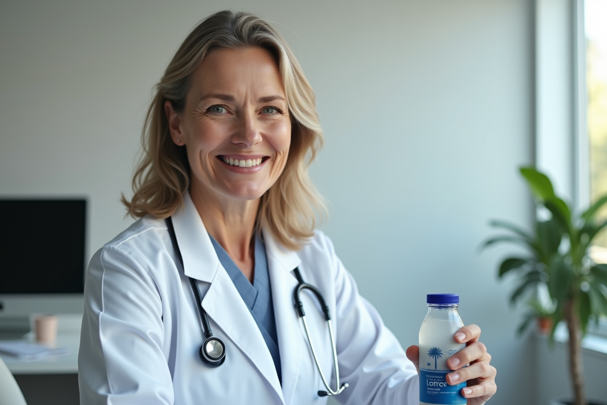 Medecin femme souriante avec bouteille d'electrolyte dans un cabinet
