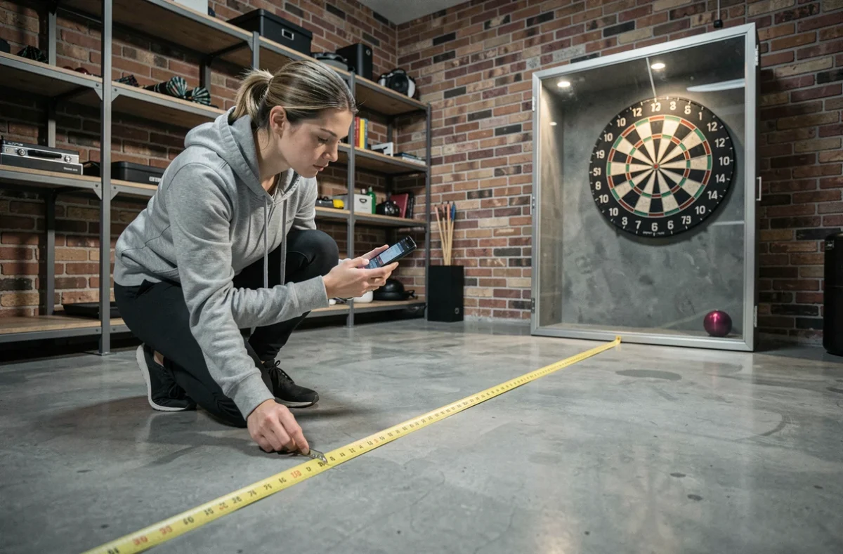 Femme mesurant la distance officielle pour les fléchettes dans une salle de jeux moderne à domicile