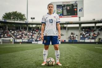 Joueuse de soccer professionnelle en maillot de l'équipe nationale américaine debout sur un terrain de football avec un ballon, illustrant le thème du palmarès et des records de Mia Hamm