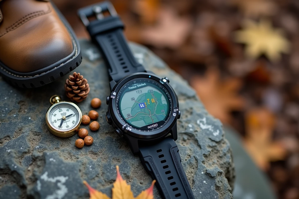 Montre GPS de randonnée posée sur un rocher avec affichage carte topographique et accessoires de trail