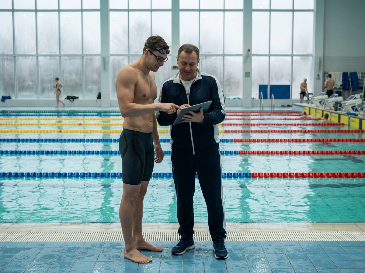Nageur de haut niveau avec lunettes de natation correctrices et entraîneur au bord d'un bassin olympique