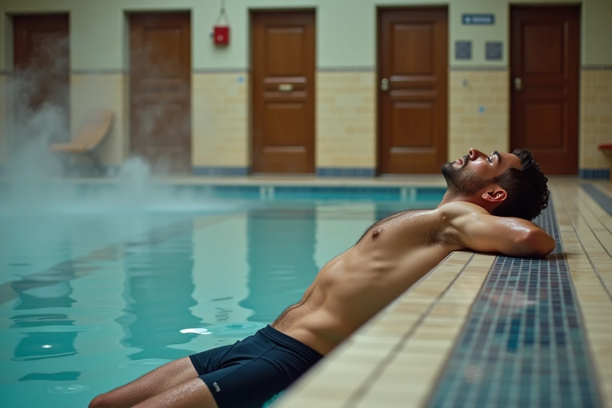 Nageur au repos sur le rebord de la piscine des Buttes aux Cailles après une séance de natation, ambiance détente